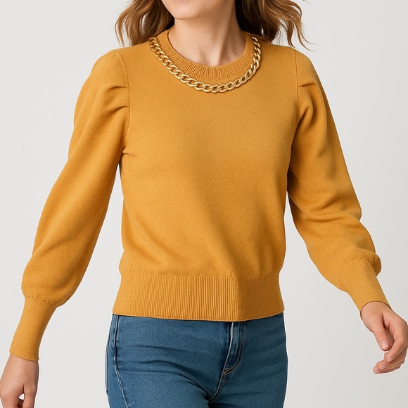 A.Z.I Sweaters - 🆕 AZI New York Mustard Gold Chain-Neck Puff Sleeve 100% Cotton Sweater Size S